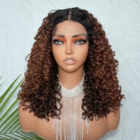 Perruque synthétique Lace Front 180% Ombré Blond Brun avec Raie au Milieu, Boucles Afro Kinky, Dentelle HD, Sans Colle