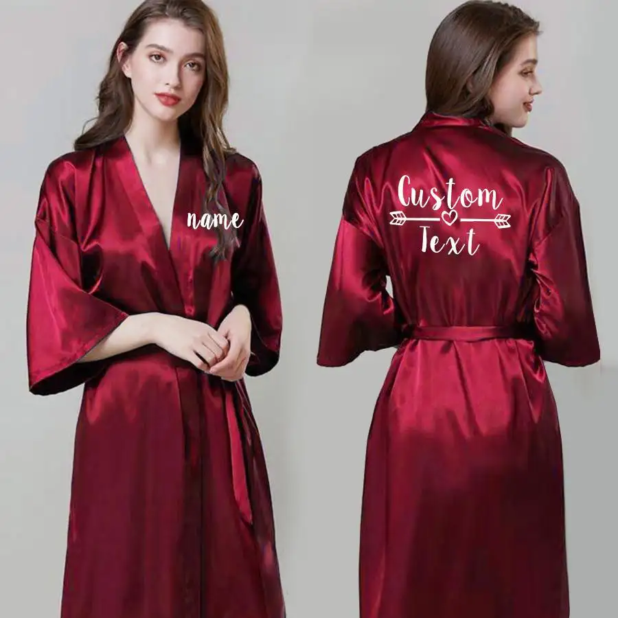 Kimono de seda de imitación para mujer, bata larga de dama de honor, con logotipo personalizado, con nombre y fecha de boda