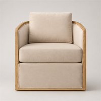 Fauteuil d'appoint moderne en tissu crème avec structure en bois massif, accoudoirs incurvés, rembourré, pour salon, chambre, hôtel, salle de séjour