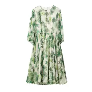 Зеленая весенняя одежда Женская 2023 Новое шелковое платье сын с длинными рукавами средней длины Нежная длинная юбка
