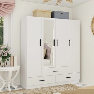 Modern Ayaklı Beyaz 4 Kapılı Gardırop Dolap, Boy Aynası, Askı Çubukları ve 3 Çekmeceli - Product Image 2