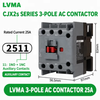 Contacteur CA triphasé tripolaire CJX2-2511 25A avec contact auxiliaire 1NO 1NC IEC 60947-4-1 CE CCC pour rail DIN, moteur, pompe, ascenseur