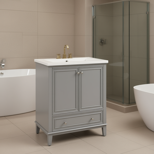 Mueble de Baño Gris Blanco de 30 Pulgadas con Marco Sólido de MDF, Lavabo de Cerámica, Estilo Tradicional, de Pie - Product Image 2