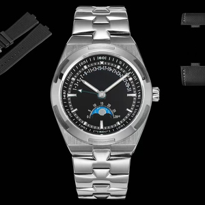 Best-selling Top-tier Luxury Moonphase Retrograde Date Mens Watch Silver Metal Bracelet Black Face Automatic Mechanical Newest - Product Image 1