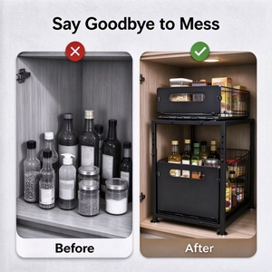 Double Layer <b>Steel</b> Sliding Storage Rack Pullout Organizer <b>Shelf</b> Bathroom Kitchen Cabinet Under Sink Storage Holder - Product Image 2