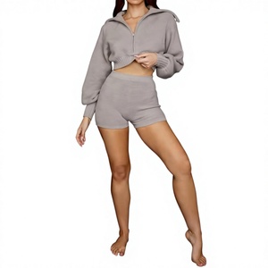 Women's Grey Knit Two Piece Set V Neck Crop <b>Top</b> High Waist Shorts Casual Spring Summer Ribbed Fabric Spandex Cotton - Product Image 6
