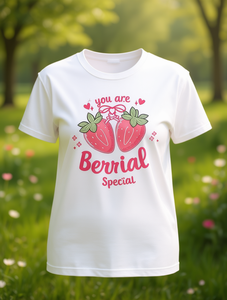 T-shirt da donna con stampa fragole, manica corta, girocollo, vestibilità comoda, top casual primaverile, tessuto morbido ed elasticizzato, lavabile in lavatrice - Product Image 2