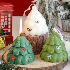 Bougie parfumée en forme d'arbre de Noël 3D mignonne avec nœud décoratif, bougie de Noël pour la table des fêtes, ornement de bureau à domicile - Product Image 3