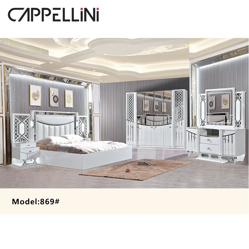 luxury royal king size bedroom sets elegant super size turkish style gold mirrored LED lighted dubai bedroom furniture set