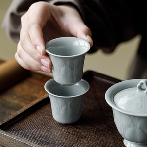 Guanlan Sky Blue Ru Kiln Small <b>Teacup</b> Ceramic Relief Design Tasting Cup Kung Fu Tea Set - Product Image 2