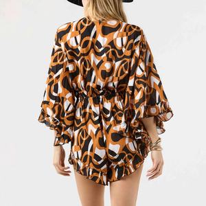Custom Beach Print V-neck Knotted Long-sleeved <b>Women's</b> Jumpsuit High Quality 100% Rayon Soft Fabric Short Jumpsuit - Product Image 3