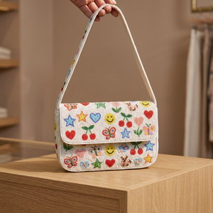 Sac à bandoulière en lin imperméable et écologique pour femme, avec rabat, motif perles, coloré, dessin animé, sourire, cœur, cerise, étoile - Product Image 1
