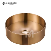 Lavabo de salle de bain de luxe en acier inoxydable 304, rond de 400 mm, à poser, pour hôtel, design artistique PVD, pièce maîtresse