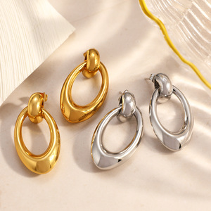 Geometric Gold Plated Stud <b>Earrings</b> Large Oval Hoop Fashion Party Jewelry Stainless Steel <b>Post</b> Zinc Alloy Material - Product Image 3