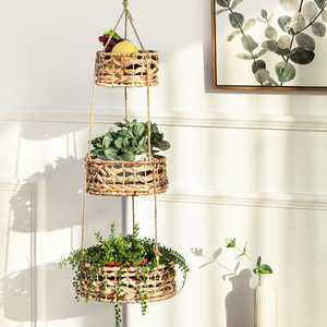 Panier suspendu Qingqian à trois niveaux, rond, en paille tressée, pour balcon, jardin, intérieur, extérieur, décoration - Product Image 3