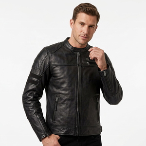 Veste en cuir pour homme, coupe ajustée, col rabattable, fermeture éclair, style coupe-vent, vêtements d'automne - Product Image 6