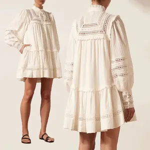 Robe bohème en dentelle à col roulé pour femmes, Vintage, en coton, à manches longues, à volants, Mini robe bohème, vente en gros