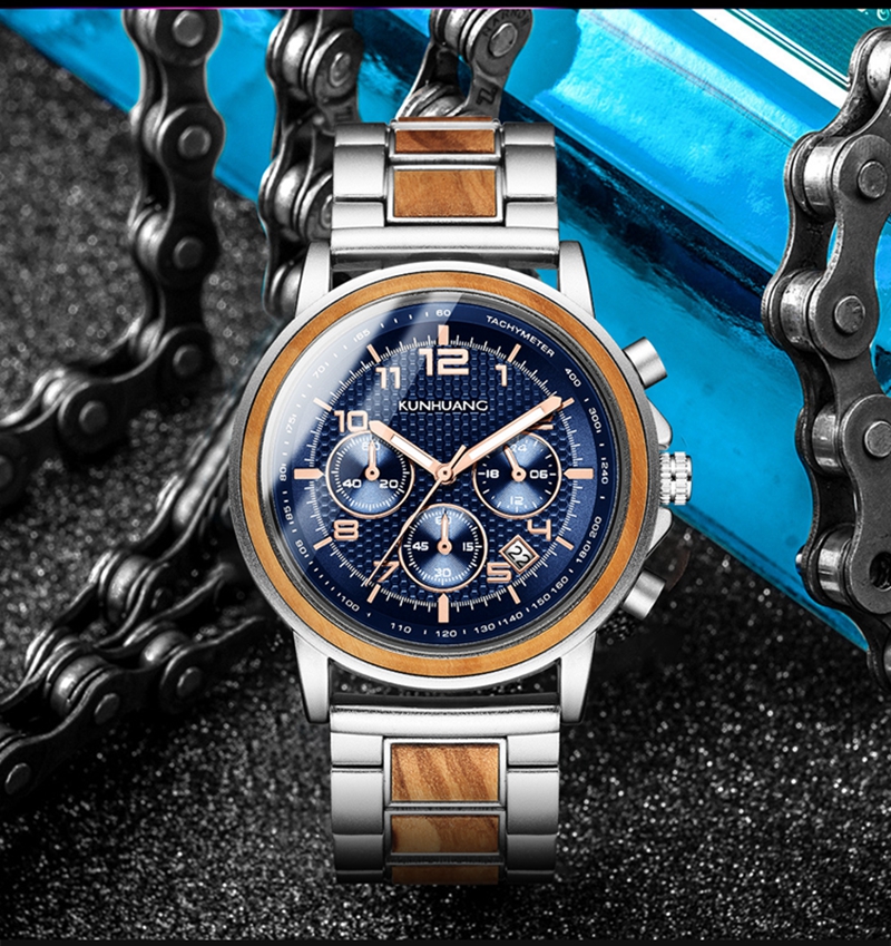 Kunhuang New Men's Calendar Watch Alloy Wood Waterproof Fashion Watch Independent Hot Sale Gift Chronograph Stop Watches