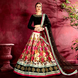 Women Lehenga Choli and Dupatta Set Art Silk Floral Print <b>Sequin</b> Embroidery Ethnic Outfit for Wedding Knee Length - Product Image 1
