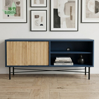 Meuble TV en bambou écologique bleu marine avec portes coulissantes, rangement ouvert et pieds en métal pour salon – OEM/ODM