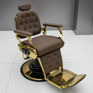 Fauteuil de Barbier Luxueux Marron Doré en Cuir Capitonnée avec Pompe Hydraulique et Base Ronde pour Salon de Coiffure - En Vente - Product Image 1