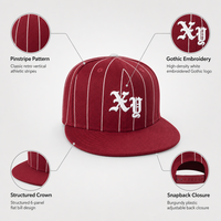 Casquette de baseball structurée à 6 panneaux, brodée sur mesure, style sportif, motif fruit, bordeaux à fines rayures blanches, visière plate, ajustable