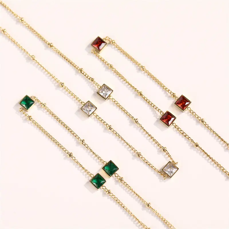 Ins Simple Non Tarnish Real 14k Gold Plated Beaded Chain Choker Necklace Stainless Steel Green Emerald Square Zircon Necklace