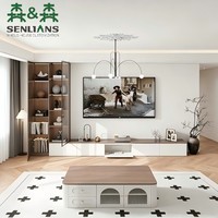 Moderne minimalistische tv-wandmeubel van hout en wit met rookglas displaykast, open planken en greeploze push-opbergmogelijkheden