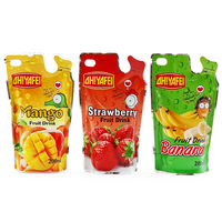 Pochette d'emballage alimentaire irrégulière pour jus de fruits, imprimée sur mesure, brillante, avec encoche de déchirement facile et trou de suspension, qualité alimentaire