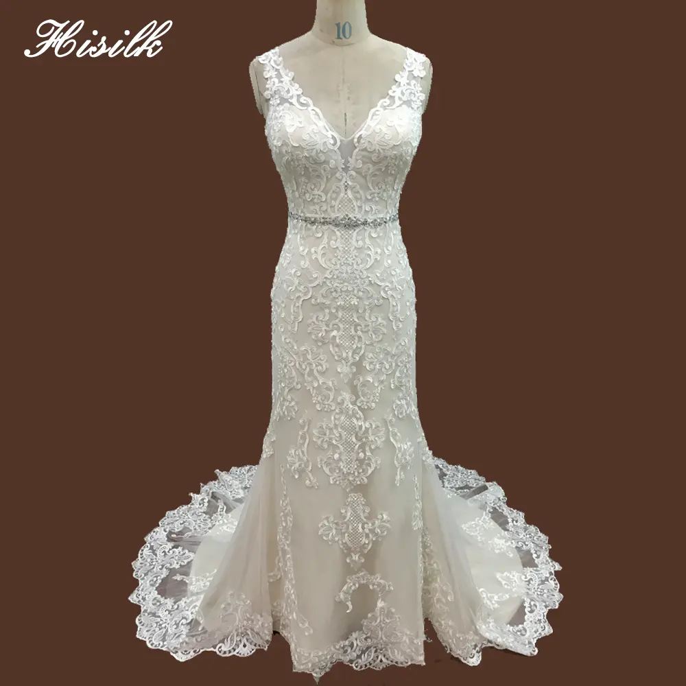 Full lace applique vestido de novia con encaje Sheath luxury wedding dresses 2023 with beading belt