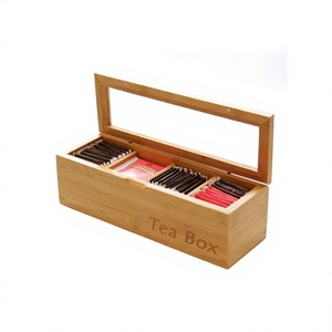 Boîte à thé en bambou avec couvercle en verre, plateau de rangement multi-compartiments pour sachets de thé, organisateur de cuisine, design minimaliste rectangulaire - Product Image 1