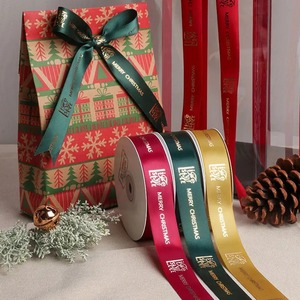 Custom Recycled Grosgrain Merry Christmas Satin Ribbons Gold Foil Printed <b>Red</b> Green Gold Silver White 25mm X 45m Decoration - Product Image 3