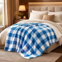 Plaid de luxe réversible en flanelle imprimée et sherpa, double couche, motif pied-de-poule bleu premium, chaud, pour l'hiver, la maison et la décoration de lit, toutes tailles