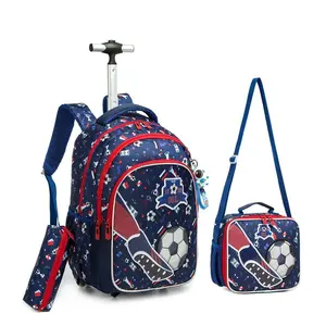 Fashionable Football Printed Rolling Backpack Wheeled Waterproof Removable Luggage school Bag