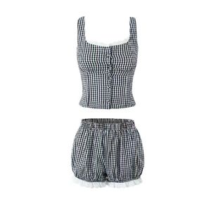 Women's Casual Button-Up Cotton Tank Tops and Shorts with Shoulder <b>Strap</b> and Plaid Pattern - Product Image 3