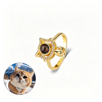 Bague de projection photo discrète « Je t'aime » en 100 langues, avec visage de chat, halo en zircon, or, ouverte et ajustable, cadeau pour les amoureux des chats