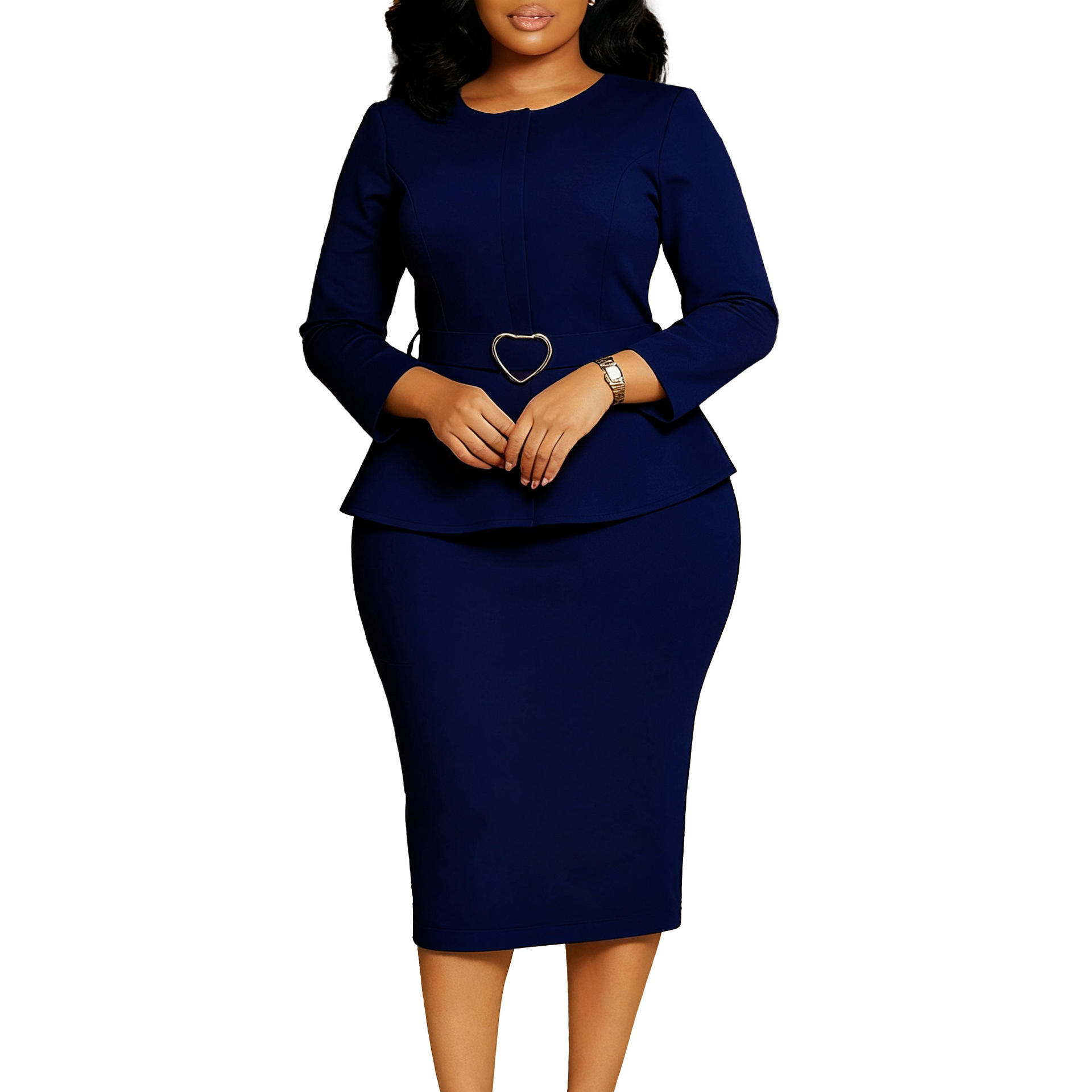 Mujer Elegante Caminando Con Vestido Azul Amarillo Confidente Modelo De