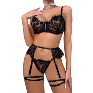 High Quality Ladies Sheer Lace Eyelash Bra and G-string set With Rhinestone Chain Hot Sex Women's Underwear Erotic Lingerie