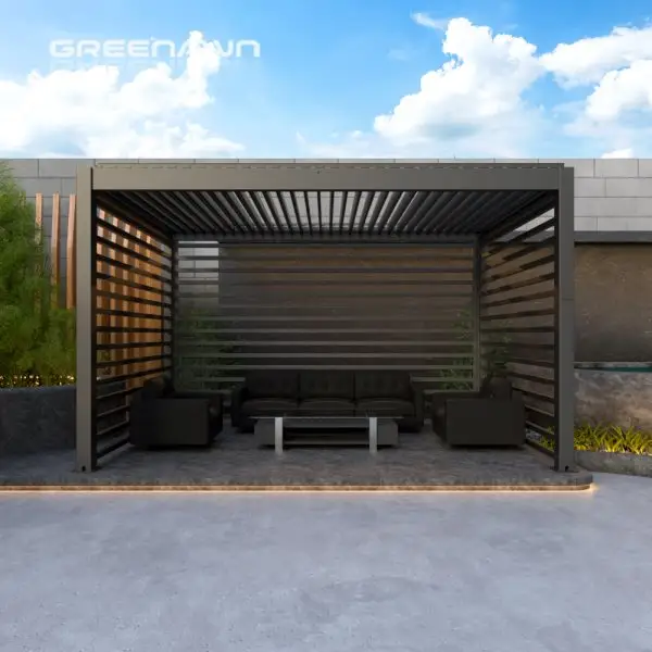 モダンな屋外ガーデンメタルデザインの防雨アルミニウムルーバーパーゴラサンルーフパーゴラ、小型電動ローラーシャッターモーター付き