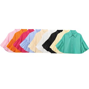 SHENZHU Wanita 25 Musim Semi Mode Baru Blus Lengan Gelembung Temperamen dengan Bukaan Longgar Vintage Lengan Pendek Kemeja Wanita Chic Top - Product Image 1