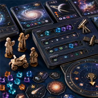 Jeu de société personnalisé sur le thème de l'Observatoire Spatial, pièces en carton et en bois, boîte rigide, matériaux recyclés - Jeu de stratégie astronomique pour les établissements d'enseignement des sciences et de technologie (STEM)