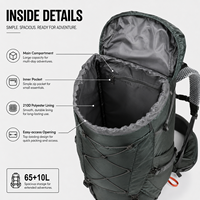 Sac à dos de camping OEM ODM 65+10L résistant à l'abrasion, spacieux, pour la randonnée, avec plaque en aluminium