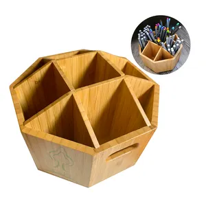 360 Degree Rotating Bamboo Art Supply Organizer Pencil Pen Holder, Desktop Storage Caddy for Colored Pencils,Remote Control