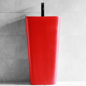 Red Pedestal Ceramic Bathroom Sink Rectangular Floor Standing <b>Single</b> Hole Glossy Finish - Product Image 4