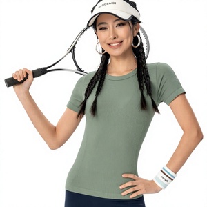 T-shirt de sport côtelé moulant à manches courtes pour femme, séchage rapide, haute extensibilité, idéal pour le tennis, le yoga et la course à pied (vente en gros) - Product Image 1