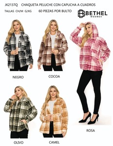 CHAQUETA DE CUADROS CON CAPUCHA CON FORRO DE BORREGO Y COLA DE PATO -chaqueta para dama manga larga con botones - Product Image 1