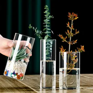 Cilindro de vidrio de borosilicato alto florero de vidrio cilíndrico al por mayor