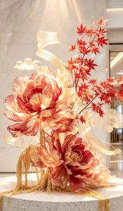 Y-011 Installation florale géante de luxe en organza artificiel, pivoine et érable, pour la décoration de hall d'hôtel - Product Image 4