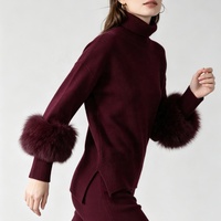 Ensemble de pantalon et pull en maille unie rouge vin Tyan Spring, col roulé, poignets en fourrure de renard, ensemble 2 pièces pour femmes