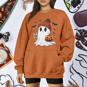 Sudadera de felpa holgada naranja con estampado de Halloween, hombros caídos y bolsillos, para mujer, estilo oversize, con diseño de fantasma lindo. Venta al por mayor. - Product Image 1